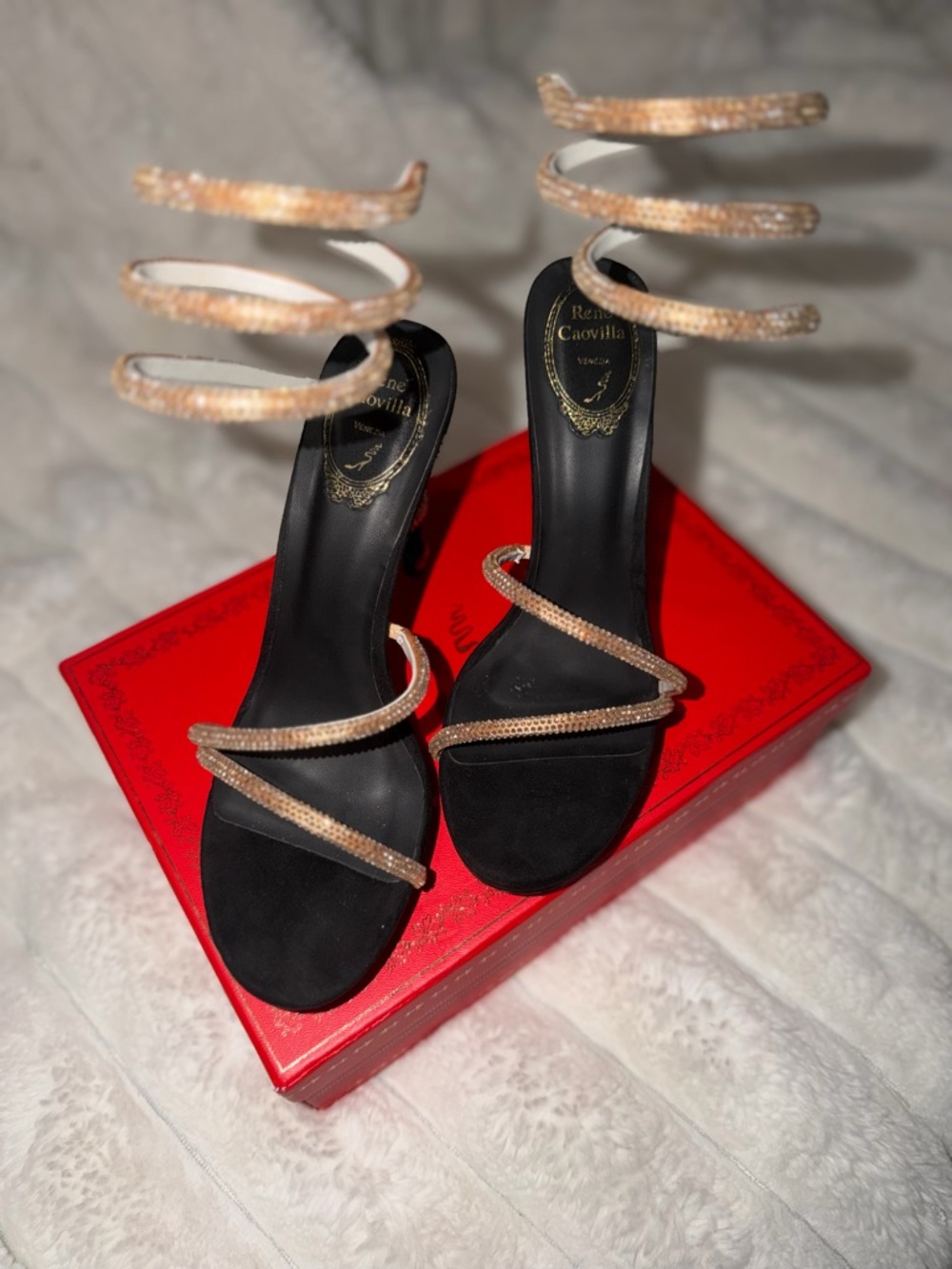 SOLD Rene Caovilla Black Sandal with Gold Crystal Straps